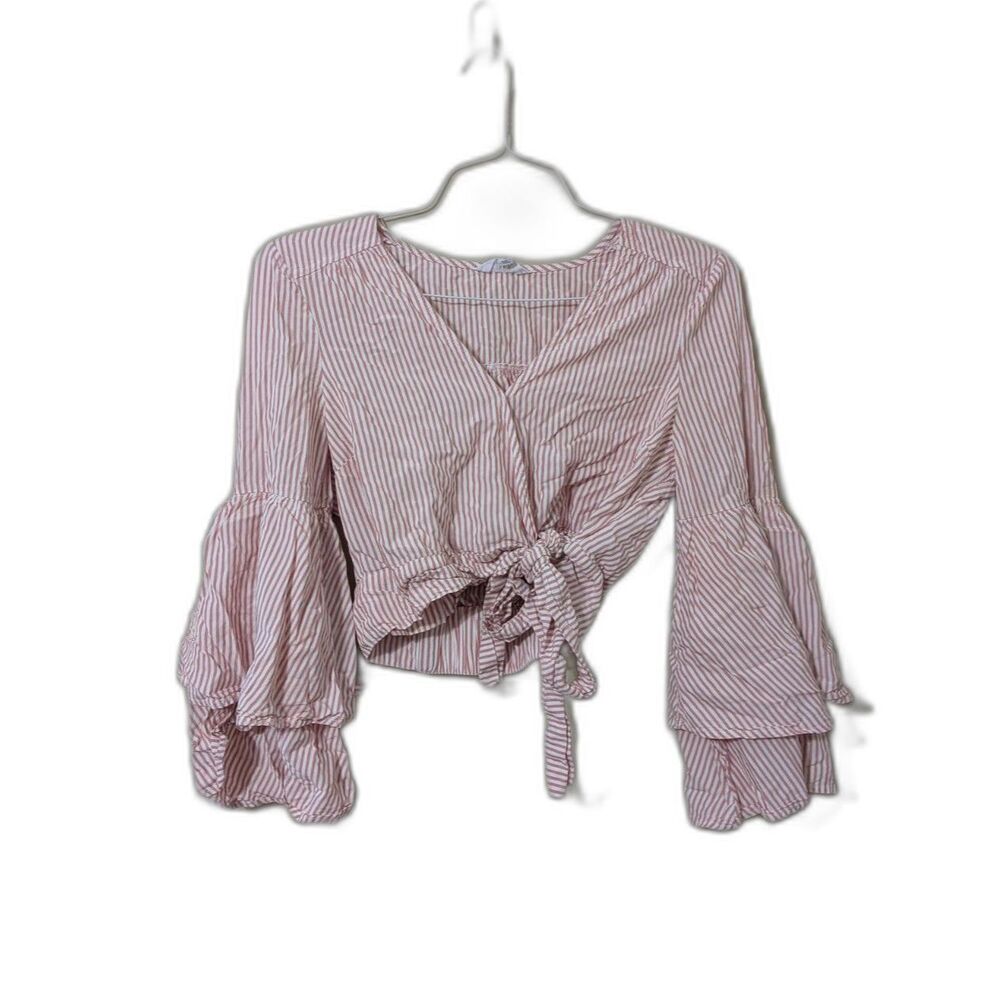 Pink White Striped Tie Front Wrap Crop Top Bell Ruffle Sleeve V-Neck Blouse Boho